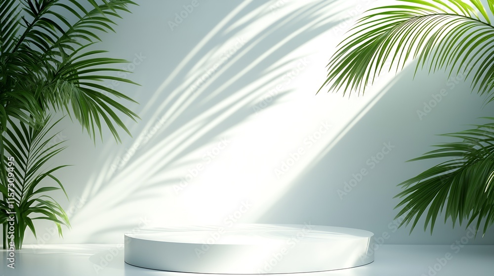 Poster Minimalist Circular Stage with Palm Leaf Shadows Creating Tropical Vibes : Generative AI