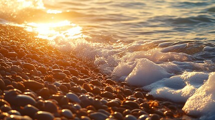 Obraz premium Soft waves lapping at a pebble-strewn beach, with the early morning sun casting a golden hue over the scene