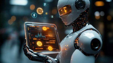 Humanoid robot showcases glowing portfolio with digital financial elements