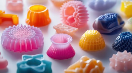 Detailed macro view of various plastic polymer shapes, highlighting their glossy finishes and rich colors under soft lighting, emphasizing intricate patterns and textures.