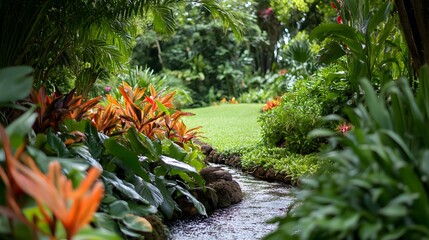 Tropical leaves in lush green setting
