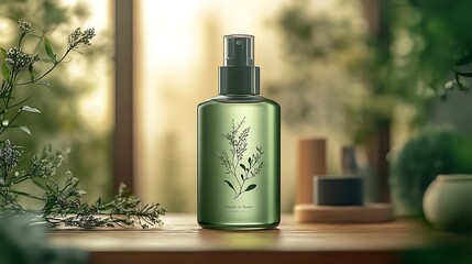 Green Spritz Bottle with Botanical Design in a Serene Natural Setting : Generative AI