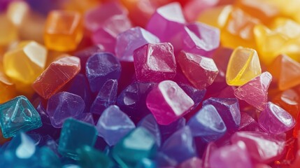 Close-up of vibrant plastic polymer granules, showcasing their smooth surfaces and colors, with soft lighting enhancing the intricate details of each piece.