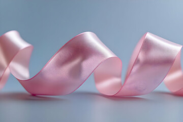 Pink satin ribbon curled on light blue background.