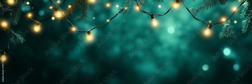 Poster Softly Glowing String Lights Illuminate a Serene Green Background, Creating a Magical Atmosphere at Twilight on a Calm Evening