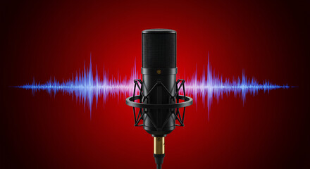 power of voice visualized studio microphone on vibrant red background through a retro microphone and dynamic sound waves.