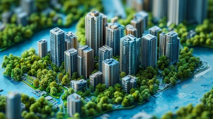Modern Urban Development Showcasing High-Rise Buildings Surrounded by Lush Greenery and a Winding River During the Day
