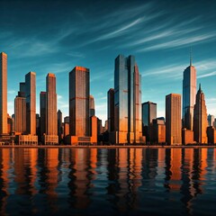 Golden hour bathes a vibrant cityscape in warm light. Skyscrapers rise majestically against a fiery sunset sky, their reflections shimmering on the calm water below.

