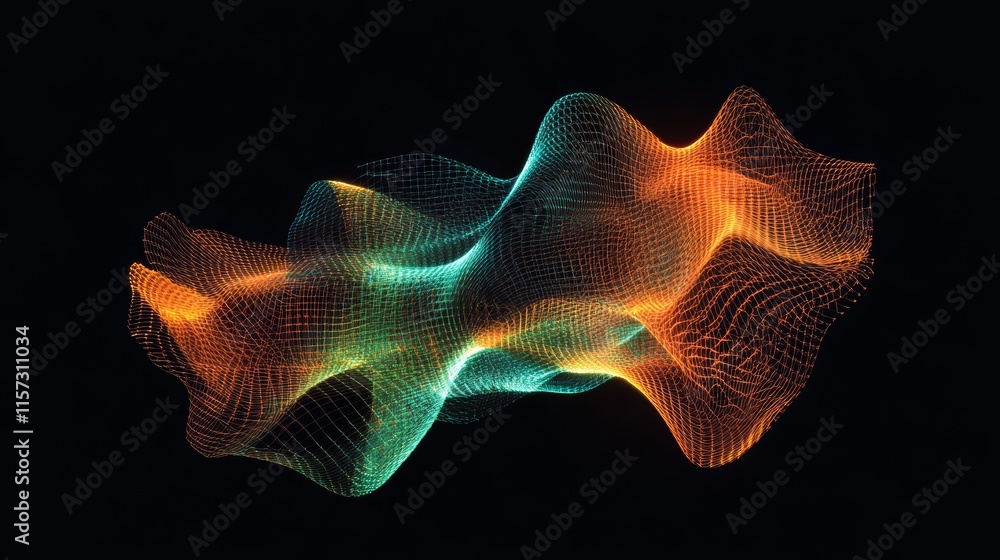 Poster abstract digital wave pattern with glowing orange and teal colors in a dark background representing 