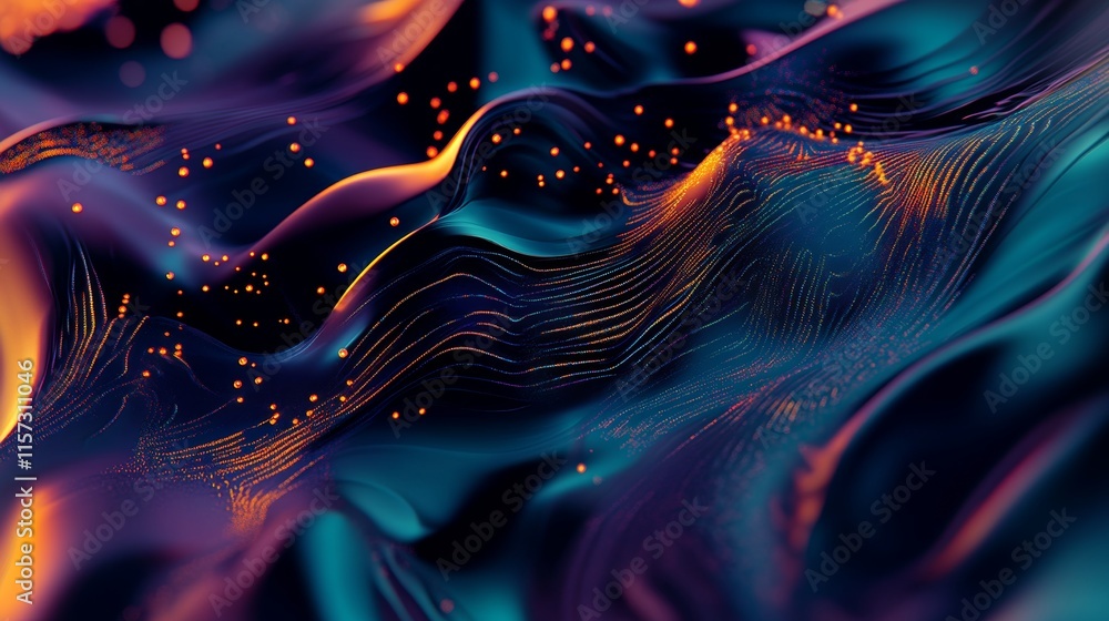 Poster colorful flowing waves with dynamic patterns and glowing particles in a dark backdrop create an imme