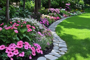 Beautiful colorful flower bed in the middle of an English garden, surrounded by trees, shrubs, grasses, and a stone path leading to the flowers in summer.