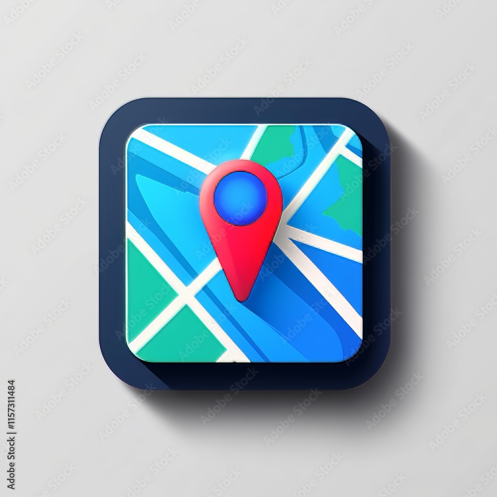 Poster map pin icon on a stylized map background representing navigation and location guidance in digital i