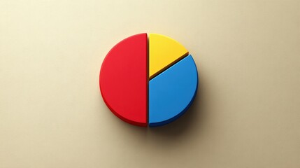 Fototapeta premium 3D pie chart divided into red, blue, and yellow sections against a beige background.