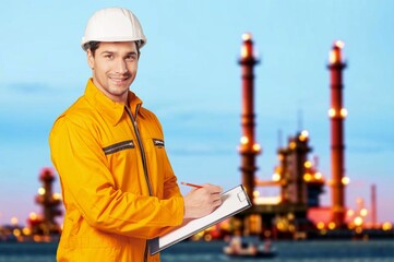 Professional engineer man standing at oil refinery.