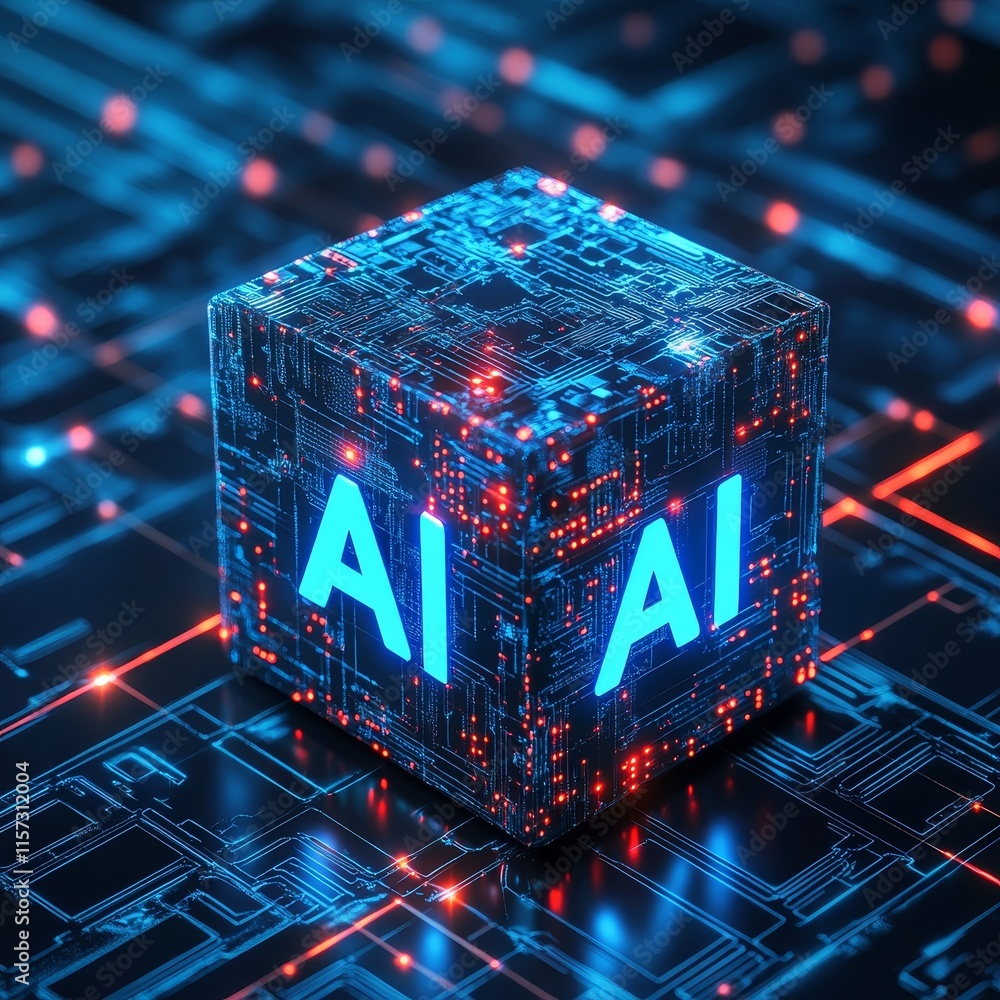 Aufkleber Futuristic AI Cube Illuminated With Blue Lights on a Digital Circuit Background Showcasing Advanced Technology and Innovation