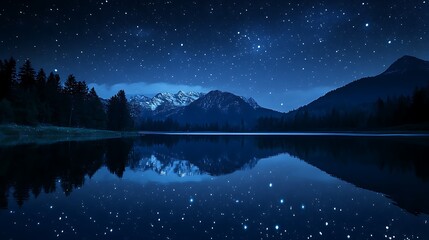 Fototapeta premium Starry Night Over a Lake: Photograph a starry night sky reflected in a calm lake