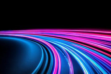 A digitally created abstract illustration featuring vibrant neon light trails in a futuristic style, forming a colorful swoosh background.