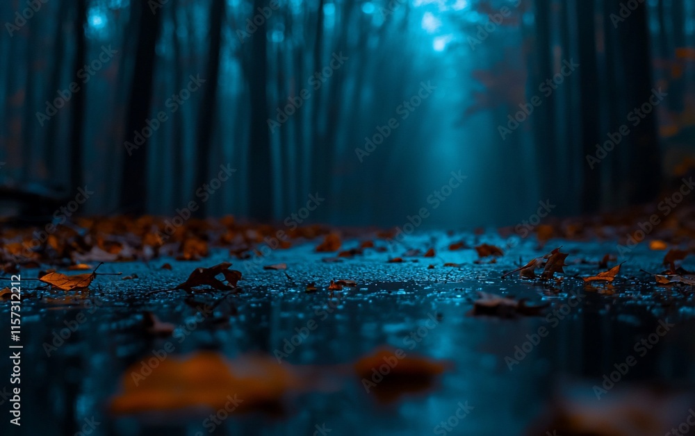 Poster Mystical autumn forest path with fallen leaves and blue light.