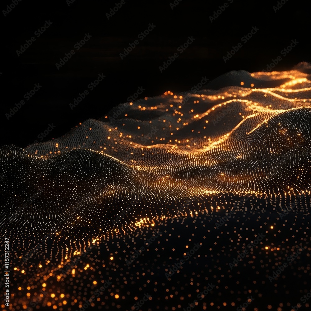 Poster visual representation of golden particles flowing in a dark environment, creating a sense of movemen