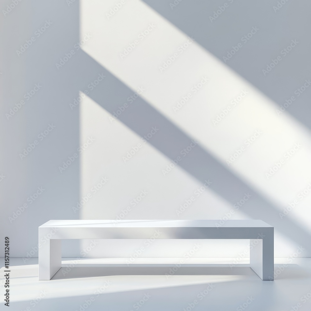Poster minimalist white bench in a sunlit room with soft shadows and a serene atmosphere creating a tranqui