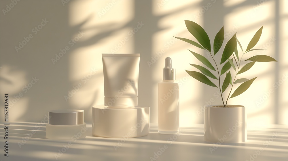 Aufkleber Minimalist Skincare Products with Green Leaves in Sunlit Setting on White Surface : Generative AI