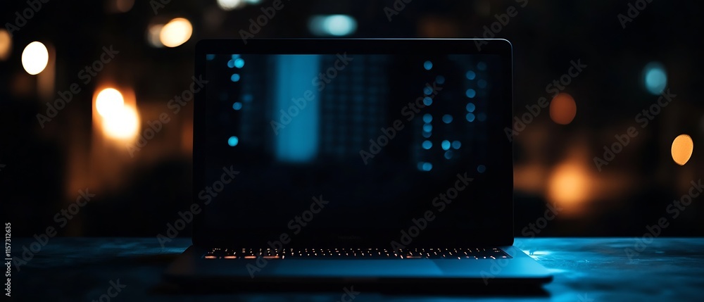 Aufkleber Laptop with blue and orange bokeh reflections on display in a dark environment : Generative AI