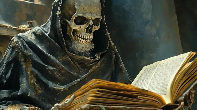 In a creepy, decaying scene that exudes mystery and age, a skeleton with empty eyes and a gray-white beard reads intently from a big, open book.