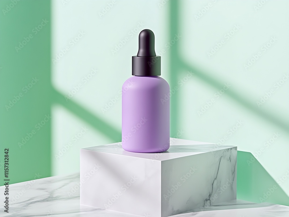 Poster sophisticated lavender cosmetic dropper bottle on marble block against soft green : generative ai