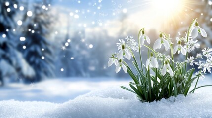 Close-up group snowdrops growing snow are white have snowdrop flowers blooming