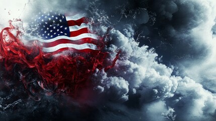 Digital illustration American flag flying sky waving wind colors from