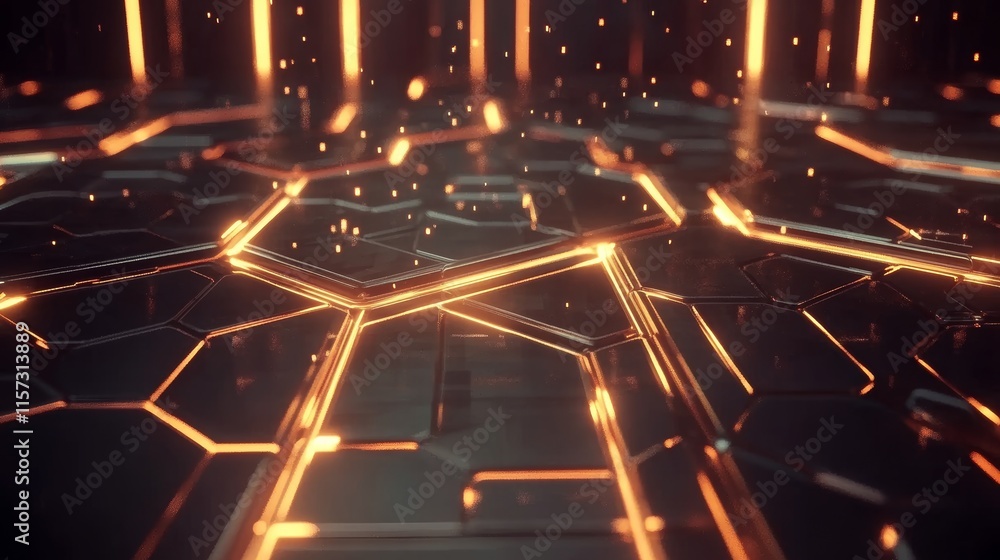 Poster complex hexagonal patterns illuminated by warm light create a futuristic atmosphere in a digital env