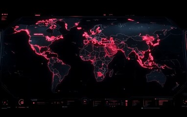 Futuristic world map with red glowing data points.