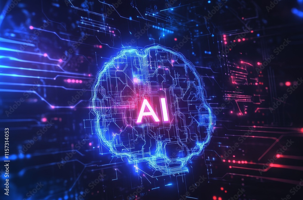 Poster visual representation of artificial intelligence in a futuristic digital brain design with vibrant b
