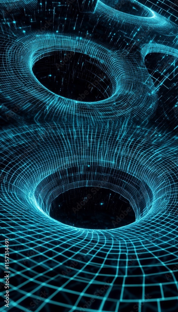 Poster intricate blue glowing vortex patterns swirling in a digital space at night emphasizing depth and mo