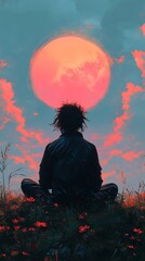 Person Sits in a Meditative Pose on Grass While Watching a Large Pink-Orange Moon Rise Against a Backdrop of Colorful Clouds at Dusk