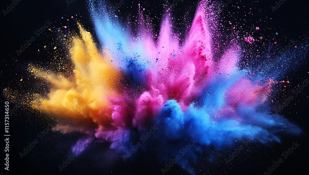 Poster explosive burst of colorful powder particles against black background : generative ai