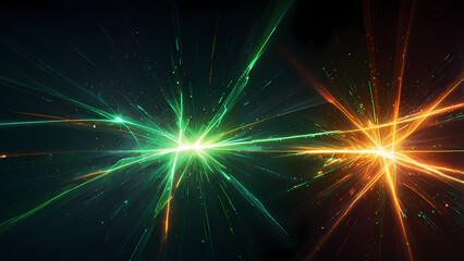 Naklejka premium A dynamic plasma beam-themed background, where sharp, angular beams of fluorescent green and orange crisscross each other.