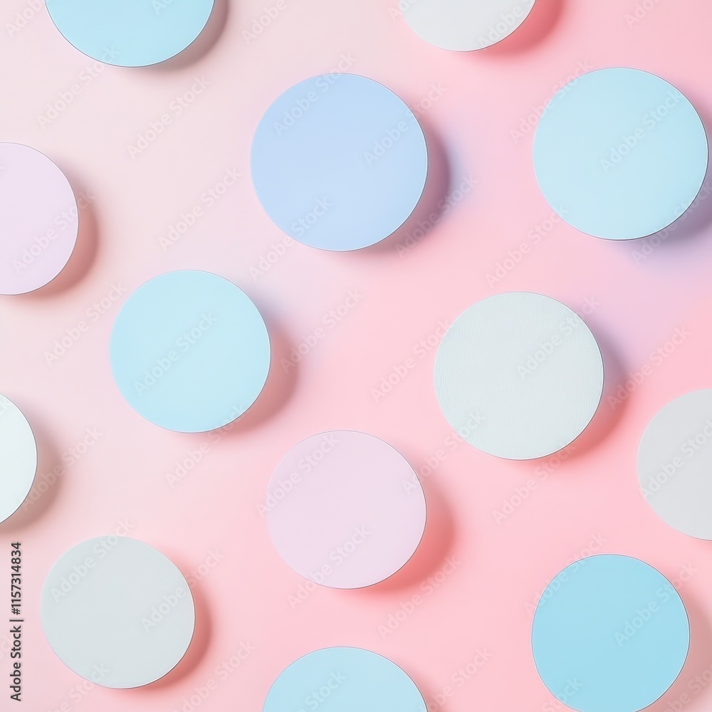 Poster colorful circular shapes arranged on a pastel background creating an abstract but harmonious composi