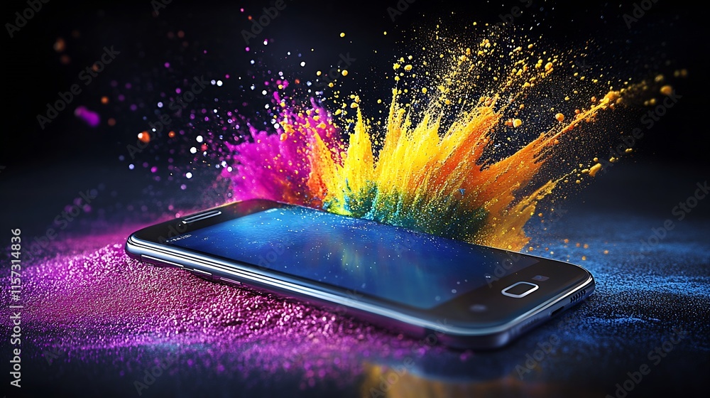 Poster Innovative Color Powders Exploding Over Smartphone Surface Creating Visual Artwork : Generative AI