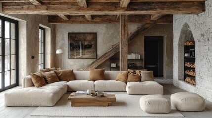 A stylish living room featuring a large beige sofa, wooden accents, and a rustic atmosphere. Natural light enhances the warm colors and textures.