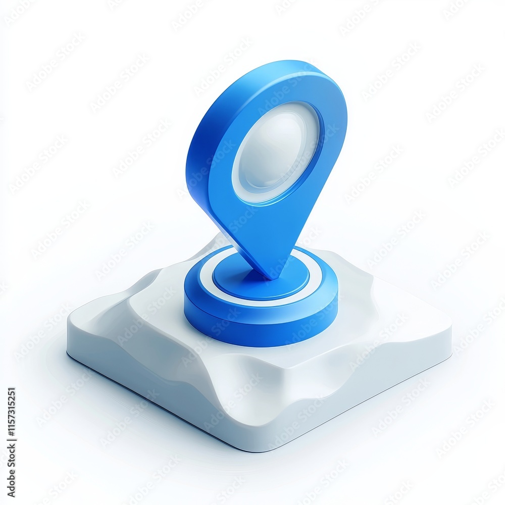 Poster blue location marker design positioned on a smooth white surface with soft contours and shadows for 