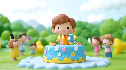 Obraz premium Boy celebrating birthday with cake and friends.