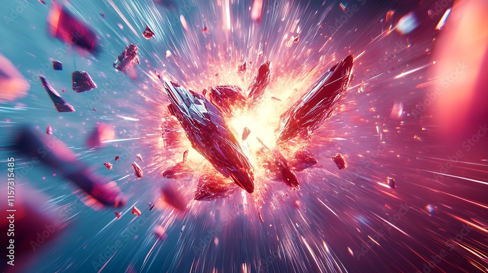Aufkleber Dynamic explosion of energy and light with glowing shards in a cosmic digital fantasy : Generative AI