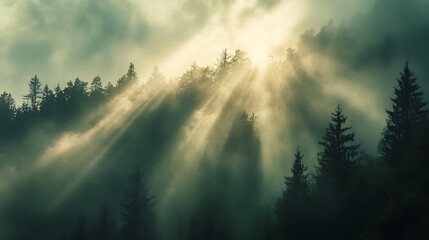 Obraz premium Sunbeams breaking through the clouds in a foggy forest, casting a soft, diffused light on the scene