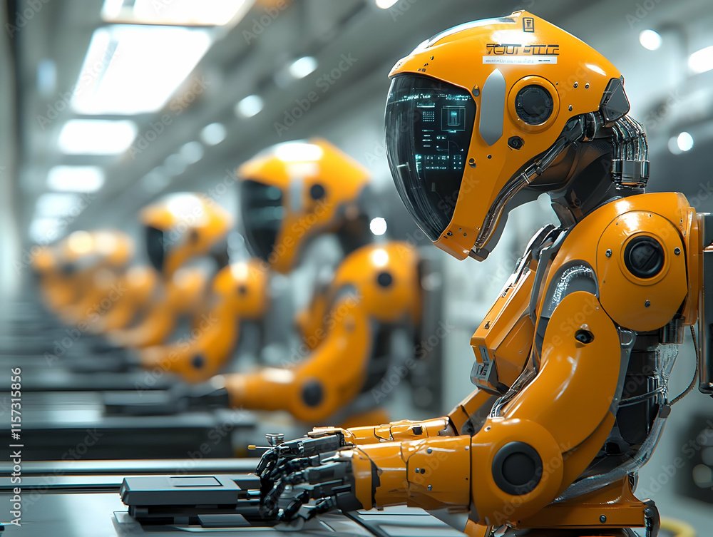 Poster row of futuristic orange robots working on computers in a factory.
