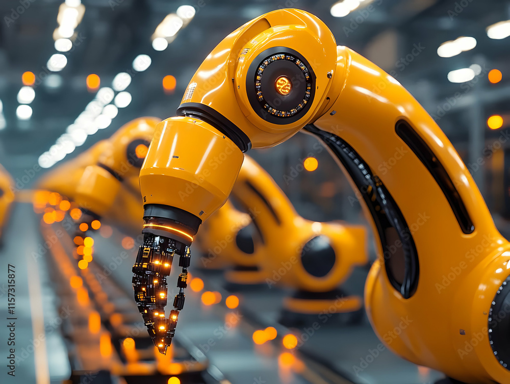 Poster automated robotic arms on assembly line performing repetitive tasks in a modern factory.