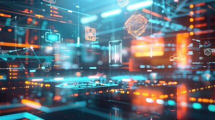 An abstract digital network with floating geometric shapes and holographic interfaces in a high-tech, futuristic environment