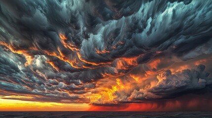 Dramatic sunset cloudscape with vibrant hues and abstract patterns in the sky