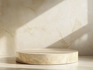 A round, flat podium made of light beige marble is placed on the floor in front of a textured cream wall with soft lighting casting gentle shadows.