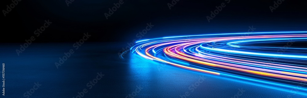 Poster bright blue lines streak across a dark background, forming a dynamic pattern that conveys motion and